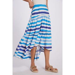 NWT Anthropologie Striped A-Line Midi Skirt 1X Blue White Pocket Lined Hi-Lo Hem